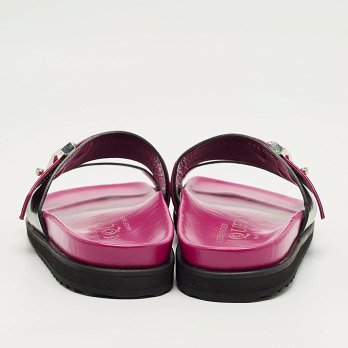 Pink/Black Ostrich Leg and Leather Flat Slides