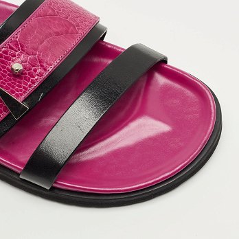 Pink/Black Ostrich Leg and Leather Flat Slides
