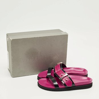Pink/Black Ostrich Leg and Leather Flat Slides
