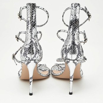 Ribbon Uptown Silver Snakeskin Embossed Leather Ankle Strap Sandals