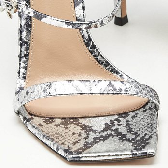 Ribbon Uptown Silver Snakeskin Embossed Leather Ankle Strap Sandals