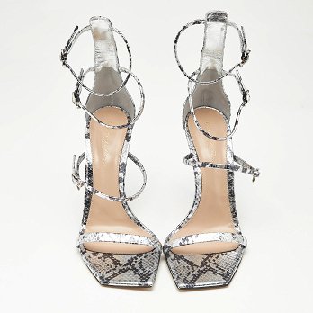 Ribbon Uptown Silver Snakeskin Embossed Leather Ankle Strap Sandals