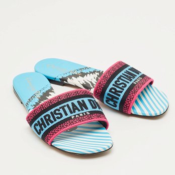 Multicolor Logo Embroidered Canvas Dway Flat Slides