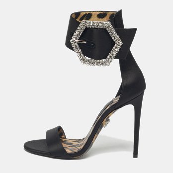 Black Satin Crystal Embellish Ankle Strap Sandals