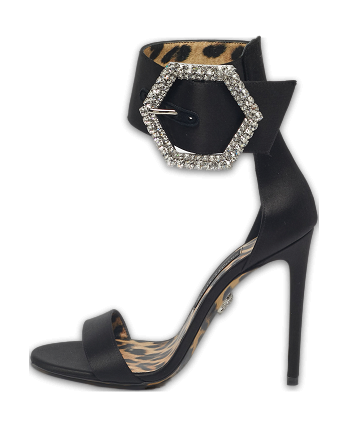 Black Satin Crystal Embellish Ankle Strap Sandals