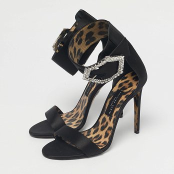 Black Satin Crystal Embellish Ankle Strap Sandals