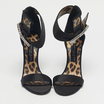 Black Satin Crystal Embellish Ankle Strap Sandals
