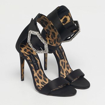 Black Satin Crystal Embellish Ankle Strap Sandals