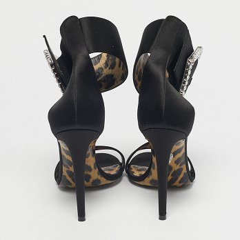 Black Satin Crystal Embellish Ankle Strap Sandals