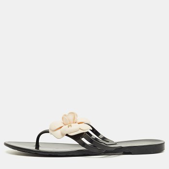 Black and White Jelly Camellia Thong Sandals