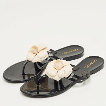 Black and White Jelly Camellia Thong Sandals