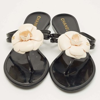 Black and White Jelly Camellia Thong Sandals