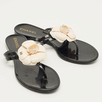 Black and White Jelly Camellia Thong Sandals