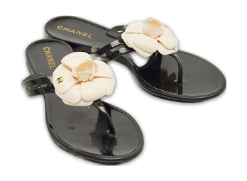 Black and White Jelly Camellia Thong Sandals