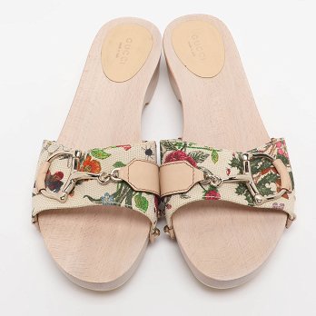 White Floral Print Canvas and Leather Icon Bit Wooden Clogs