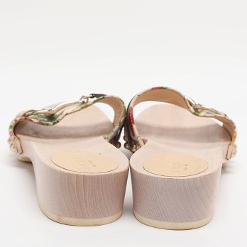 White Floral Print Canvas and Leather Icon Bit Wooden Clogs