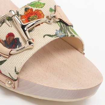 White Floral Print Canvas and Leather Icon Bit Wooden Clogs