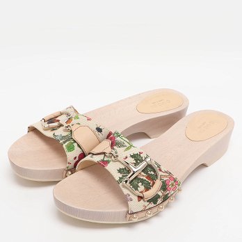 White Floral Print Canvas and Leather Icon Bit Wooden Clogs
