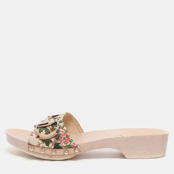 White Floral Print Canvas and Leather Icon Bit Wooden Clogs
