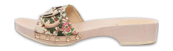 White Floral Print Canvas and Leather Icon Bit Wooden Clogs