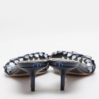 Metallic Blue Leather Cut Out Flat Slide Sandals