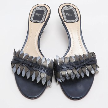 Metallic Blue Leather Cut Out Flat Slide Sandals