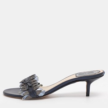 Metallic Blue Leather Cut Out Flat Slide Sandals