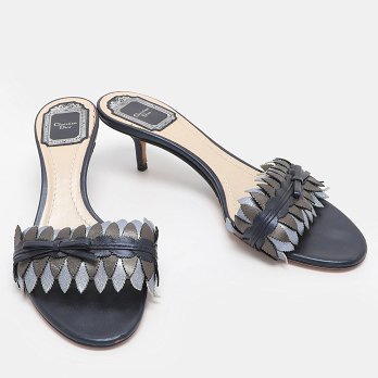 Metallic Blue Leather Cut Out Flat Slide Sandals