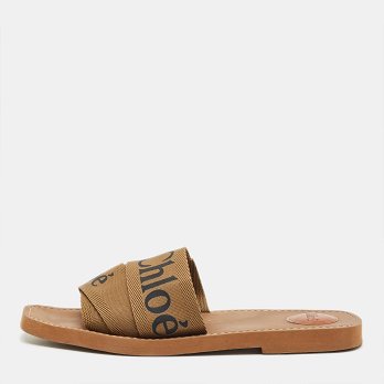 Brown Canvas Logo Ribbon Woody Flat Slide Sandals