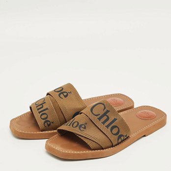 Brown Canvas Logo Ribbon Woody Flat Slide Sandals