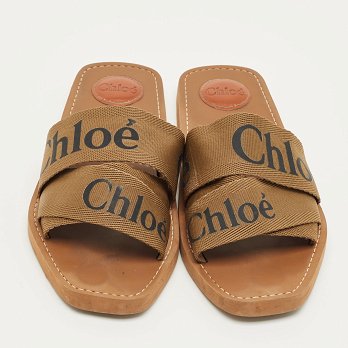 Brown Canvas Logo Ribbon Woody Flat Slide Sandals