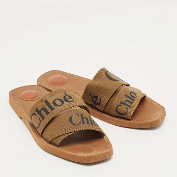 Brown Canvas Logo Ribbon Woody Flat Slide Sandals