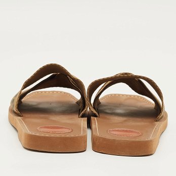 Brown Canvas Logo Ribbon Woody Flat Slide Sandals