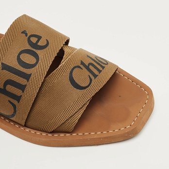 Brown Canvas Logo Ribbon Woody Flat Slide Sandals
