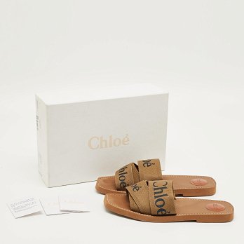 Brown Canvas Logo Ribbon Woody Flat Slide Sandals