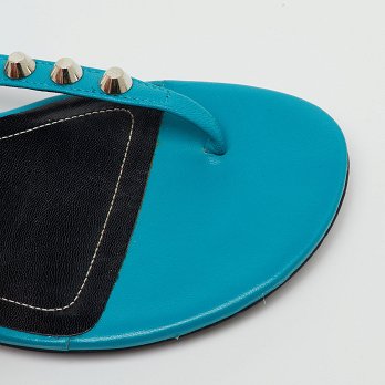Blue Leather Arena Studded T-Strap Flat Sandals