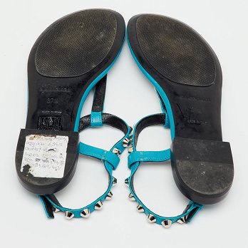 Blue Leather Arena Studded T-Strap Flat Sandals