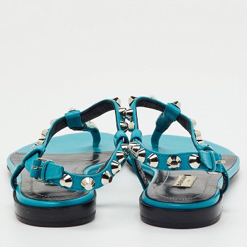 Blue Leather Arena Studded T-Strap Flat Sandals