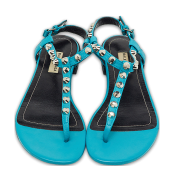 Blue Leather Arena Studded T-Strap Flat Sandals