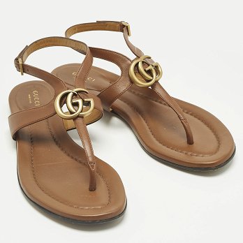 Brown Leather Thong Flat Slingback Sandals