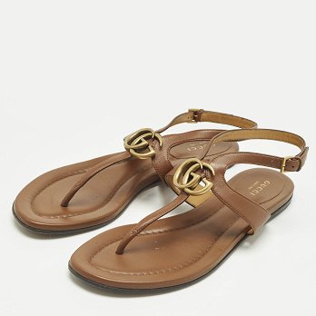 Brown Leather Thong Flat Slingback Sandals