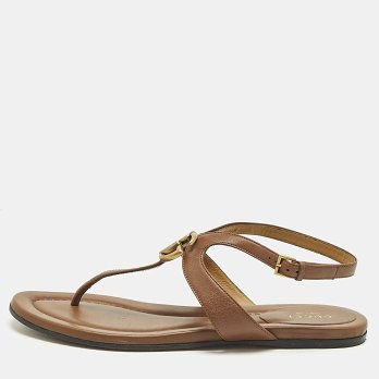Brown Leather Thong Flat Slingback Sandals