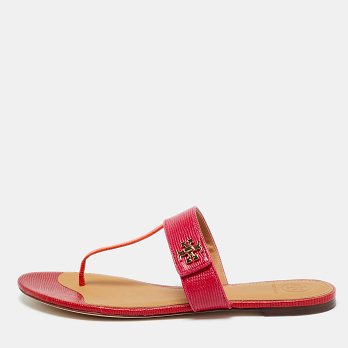 Kira Pink/Orange Lizard Embossed Leather Thong Flat Sandals