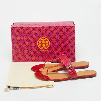 Kira Pink/Orange Lizard Embossed Leather Thong Flat Sandals