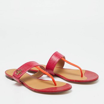 Kira Pink/Orange Lizard Embossed Leather Thong Flat Sandals