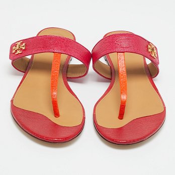 Kira Pink/Orange Lizard Embossed Leather Thong Flat Sandals