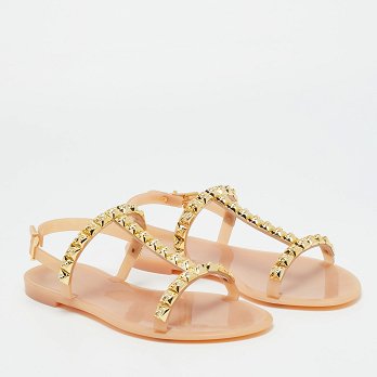 Beige Jelly Rose Studded Flat Sandals