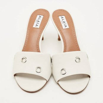 Oeillets White Leather Slide Sandals