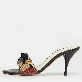 Multicolor Snakeskin Leather Bow Slide Sandals