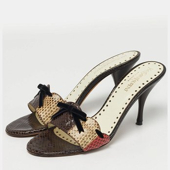 Multicolor Snakeskin Leather Bow Slide Sandals
